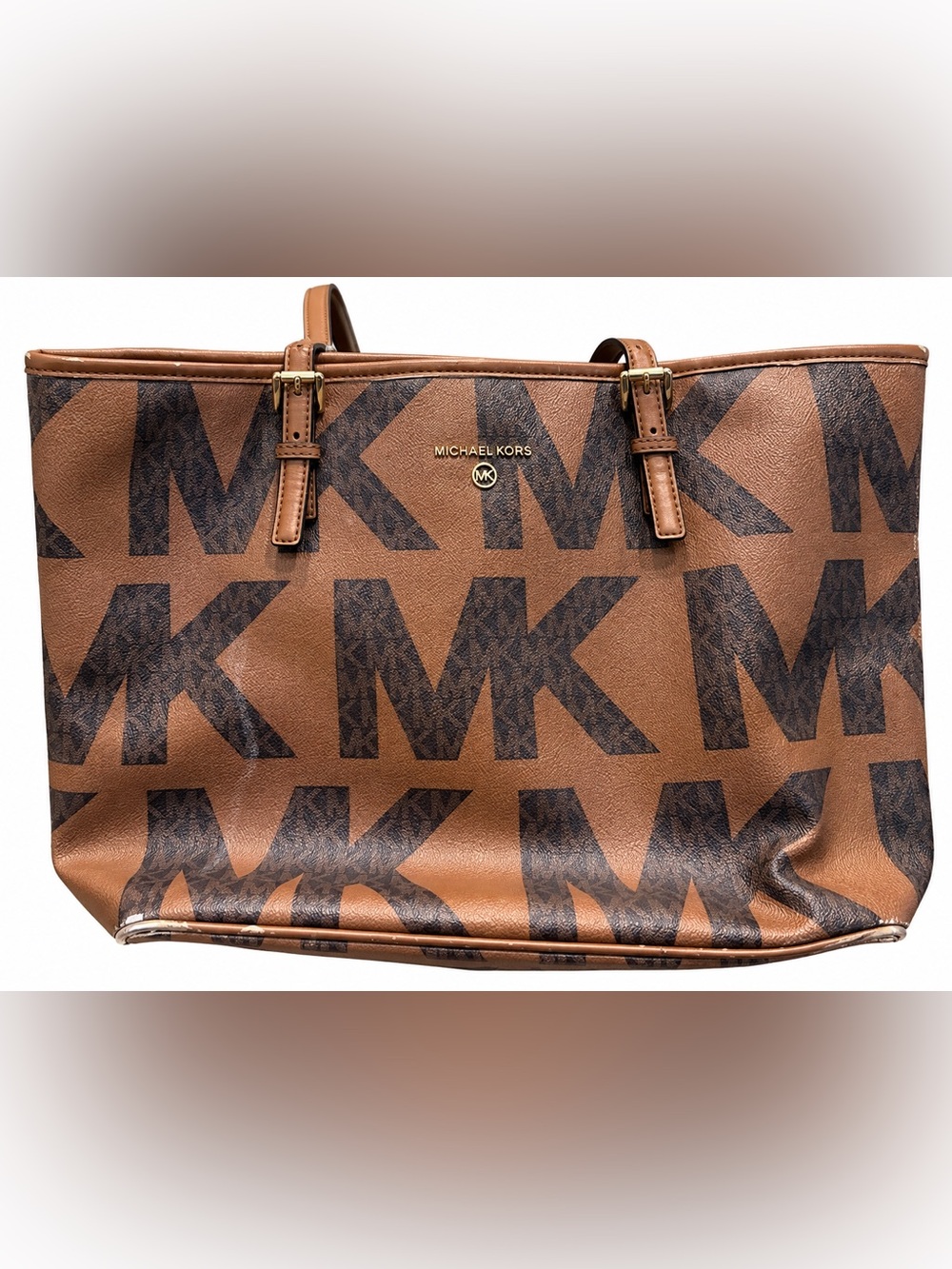 Michael Kors Tan and Dark Brown MK Logo Tote